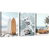 FajerminArt 3Pcs Estate Blu Costiero Paesaggio Quadri Moderni Con Cornice, Vintage Tavola da Surf Bus Quadro Stampa Su Tela Relax Naturale Paesaggio Stampe Da Parete Decor per Soggiorno Camera Da Letto 30X40cmx3
