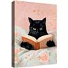 HALFLEMART Gatto Quadri Moderni Quadro Moderno Gatto nero divertente Libri di lettura Stampa su Tela Con Cornice Pittura Rosa Vintage Animal Quadri Decorazione Murale Camera da Letto camera delle ragazze 30x40cm
