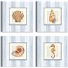LuxHomeDecor Set di 4 Quadri Marini 30x30 cm - Conchiglie e Cavalluccio Marino su Sfondo a Righe Azzurre - Stampa su tela con telaio in legno - Decorazione per Bagno, Ingresso o Casa al Mare
