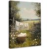 Dazzlewall Incorniciato Quadro Giorno del Lavaggio Stile Farmhouse Sereno, Poster con Campo Fiorale Idillico e Campagna Rustica per Lavanderia Camera da Letto Soggiorno Stile Farmhouse 30×40 cm