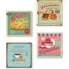 Lupia - Set Quadri Canvas su Carta Telata, Tema Vintage Food, 4 Pezzi Separati, Pronti da Appendere, 16x16 cm, Multicolore, Made in Italy, Decorazione per Cucina, Pizzeria Ristorante Bar pub