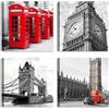 LuxHomeDecor Set di 4 Quadri 30x30 cm - Stampa su Tela con Telaio in Legno - Londra in Bianco e Nero Cabine Telefoniche, Big Ben, Tower Bridge, Autobus