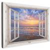 MuchoWow© Stampe su Tela Foto Quadri Moderni Camera da Letto Canvas Quadro | 120x80 cm - Salotto Decorazione Parete Vista dalla finestra - Mare - Spiaggia - Tramonto - Blu