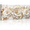 WENGTIAO Stampa su Tela Fiori di Peonia in Oro Bianco Incorniciato Grande | Quadro su Tela Pittura Floreale Bianco con Foglie Dorate per Soggiorno Camera da Letto Decorazione Parete 120x50 cm