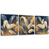 Lupia - Set 3 Quadri su Tela CANVAS DAY LEAVES WHITE BLUE 38x38 cm foglie oro e blu, Stampa Vivida, Pronto da Appendere, Decorazione per Soggiorno, Capezzale Testiera Camera da Letto, Cucina, Ufficio