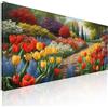 CheQuadro! Quadro lungo moderno, decorazione soggiorno orizzontale, Giardino Fiorito con Sentiero tra Tulipani Colorati, su tela, intelaiato pronto da appendere bow17-130x60 cm