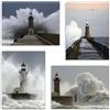 LuxHomeDecor Set 4 Quadri 40x30 cm - Stampa su Tela con telaio in legno - Mare in Tempesta con Faro - Fotografie Potenti di Onde e Natura