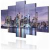 decomonkey Quadri Moderni Soggiorno New York Panorama, 5 pezzi, 200x100 cm | Tela strutturata su telaio in legno, decorazione da parete, architetura, città, Manhattan, city, notte, grattacielo