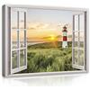 WallArena Stampe su tela 120x80 cm | Vista dalla finestra della spiaggia, faro, finestra, stampa su tela, immagine su tela, formato: 120x80 cm (LxA) - un pezzo su
