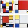 LuxHomeDecor Set di 4 quadri 30x30 cm - stampa su tela con telaio in legno - Piet Mondrian - composizioni geometriche in rosso, giallo, blu e nero - stile moderno per arredamento casa