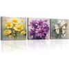 PIY PAINTING 3pcs Floreale Artistico d'epoca Quadro Moderno Soggiorno Giallo e viola Immagini Pittura Decorazione Canvas Quadretti Da Parete Farfalla Stampe Su Tela Camera Da Letto Con Cornice 30×30cm