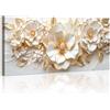 WENGTIAO Stampa su Tela Fiori di Peonia Bianchi Con Cornice Quadro su Tela | Beige Floreale Foglie d'oro Pittura Quadri Moderni Quadro Moderno Soggiorno Camera da Letto Decorativo Parete 120x50 cm