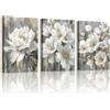 WENGTIAO 3 Pezzi Grigio Bianco e Oro Floreale Quadro su Tela Incorniciato | Stampa su Tela Fiori Astratto Vintage, Quadri Moderni Soggiorno Camera da Letto Decorazioni Parete 30x40cmx3