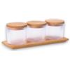 KORAT - Set 3 Barattoli Cucina con Vassoio in Legno - Contenitori Plastica Trasparente con Coperchio in Bambù - Organizer per Zucchero, Caffè, Spezie - Dimensioni Barattoli 8,5x8,5 cm Vassoio 28x10 cm