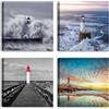 LuxHomeDecor Set di 4 quadri 30x30 cm - stampa su tela con telaio in legno - fari sul mare in tempesta e tramonto