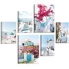 FajerminArt 6 Sets of Greco Isola Paesaggio Urbano Moderni Quadri Per Soggiorno Con Cornice, Blu Santorini Mar Egeo Mare Quadro Su Tela Campanile Fiore Stampe Da Parete Decorazioni per Camera da Letto Cucina