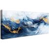 HALFLEMART Onda Marina Blu Navy Dorato Stampa su Tela Con Cornice Acquerello Astratto Dell'oceano Pittura Quadri su tela Quadri Moderni Poster da Parete Stampe da Parete Soggiorno Camera da Letto 50x120cm