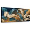Lupia - Quadro moderno Stampa su Tela CANVAS WORLD 52x122 cm LEAVES WHITE BLUE, foglie blu e oro, per soggiorno, capezzale camera da letto, ufficio