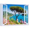 LuxHomeDecor Quadro Finestra Panorama Costiera Amalfitana sul Mare - Stampa su Tela con Telaio in Legno - 70x50 cm - Decorazione da Parete per Soggiorno, Camera da Letto, Ufficio