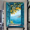 XBTYKPB Quadri da parete con vista sulla finestra del Mediterraneo, stampe su tela di alberi di limone costieri, poster sul mare, estetica blu, 50x70 cm, senza cornice