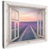 MuchoWow© Stampa Foto su Tela Quadro Moderno Soggiorno Quadretti da Parete | 70x50 cm - Decorazioni Casa Vista dalla finestra - Lavanda - Fiori - Legno - Tramonto - Viola