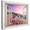 MuchoWow© Stampa su Tela Canvas Quadri per il Soggiorno Quadro Camera da | 70x50 cm - Letto Decorazioni Parete Montagna - Paesaggio - Vista dalla finestra - Fiori - Sera - Rosa