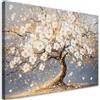 Feeby Stampa su Tela - Quadri Moderni Soggiorno - Quadro Camera Da Letto - Albero d'oro con fiori bianchi - 45x30 cm - Decorazioni Parete
