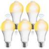 Behogan Confezione da 5 lampadine LED E27 con sensore di movimento PIR, 12 W, bianco caldo 2700 K, 1100 lumen, angolo di diffusione di 120°, IRC 80, non dimmerabili, lampadine a risparmio energetico per