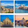 LuxHomeDecor Set di 4 quadri 30x30 cm - stampa su tela con telaio in legno - città italiane, Napoli, Venezia, Milano, Roma