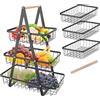 FIVMEN Cestino per frutta e verdura a 3 ripiani, colore nero, con manico in legno e cestino cavo, in metallo, rimovibile, per frutta e verdura