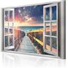 decomonkey Quadri Moderni Soggiorno Finestra Mare Vista, 1 pezzo, 60x40 cm | Tela strutturata su telaio in legno, decorazione da parete, paesaggio, spiaggia, tramonto, natura, cielo, blu