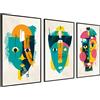 DekoArte - Quadri moderni soggiorno facce Picasso 50x70 cm x3 con cornice | Set 3 quadri con cornice nera, stampa stile volti Picasso nordico in toni vivaci, pronti da appendere