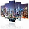 decomonkey Quadri Moderni Soggiorno New York, 5 pezzi, 200x100 cm | Tela strutturata su telaio in legno, decorazione da parete, architettura, città, Manhattan, baia, grattacielo, notte, usa