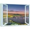 LuxHomeDecor Quadro finestra panorama Golfo di Napoli, Vesuvio, al tramonto - Stampa su tela con telaio in legno - 100x75 cm