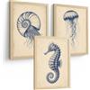 Nacnic Poster Arte Costiera Blu con Nautilus, Medusa e Cavalluccio Marino | Set di 3 stampe artistiche - Formato A3 (29,7x42 cm) senza cornice - Solo poster