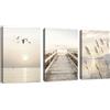 FajerminArt 3Pcs Beige Mare Paesaggio Stampa su Tela Con Cornice Quadro Tramonto Mare Scenario Pittura su tela Estetica Canne Ponte Gabbiani Poster da parete Decorazione Murale Soggiorno Camera da letto 30x40cmx3