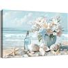 HALFLEMART Oceano Blu Paesaggio Marino Costiero Quadri Moderni Quadro Moderno Gigli di Ortensia in Vaso Stampa su Tela Con Cornice Pittura Quadri su tela Quadretti da Parete Soggiorno Camera da Letto 40x60cm