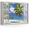 WallArena Stampe su tela 80x60 cm | Vista dalla finestra di spiaggia, mare, palme, paesaggio, dimensioni: 80x60 cm (LxA) - un pezzo su tela. La tela