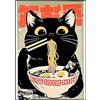 KUSTOM ART Quadro da Parete o da Tavolo Serie Animali Stile Giapponese Gatto Nero Kuro Neko con Ramen Stampa Artistica su Legno 30x21cm