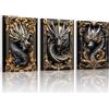 WENGTIAO 3Pcs Stampe su Tela Con Cornice Drago intagliato in Oro Nero | Quadri Moderni Quadro su Tela Quadro Moderno Poster Pittura Decorazione Murale Soggiorno Camera da Letto 30x40cmx3