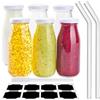 V·Colokishi 6 bottigliette in vetro da 250 ml con coperchio, piccole bottiglie di vetro per succhi di frutta, riutilizzabili, mini bottiglie per latte con coperchio, cannucce di vetro, etichette e penna per