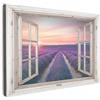 MuchoWow© Stampa Foto su Tela Quadro Moderno Soggiorno Quadretti da Parete | 120x80 cm - Decorazioni Casa Vista dalla finestra - Lavanda - Fiori - Legno - Tramonto - Viola