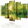 decomonkey Quadri Moderni Soggiorno Bosco Natura, 5 pezzi, 200x100 cm | Tela strutturata su telaio in legno, decorazione da parete, paesaggio, sole, albero, foglie, lascia, verde