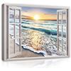 WallArena Stampe su tela 120x80 cm | Vista dalla finestra della spiaggia, mare, paesaggio, finestra, dimensioni: 120x80 cm (LxA) - un pezzo su tela. La tela