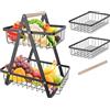 FIVMEN Alzata per Frutta e Verdura a 2 Ripiani, Nera con Manico in Legno e Cestino in Metallo Vuoto Rimovibile, Cestino per Pane, Frutta, Verdura e Snack