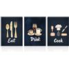 Dazzlewall Set di 3 Pezzi Poster Cucina Farmhouse, Stampa su Tela Minimalista Blu Scuro e Oro Vintage per Cucina Ristorante 30×40 cm Senza Cornice