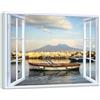 LuxHomeDecor Quadro finestra panorama Barca con Vesuvio sullo sfondo, Napoli - Stampa su tela con telaio in legno - 70x50 cm