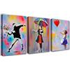 PIGPIGFLY Trittico Banksy in Tela con Cornice Legno: 3 Quadri Moderni per Soggiorno e Camera da Letto - Flower Thrower, Girl with Balloon, Nola (30x40cm)