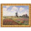 LuxHomeDecor Claude Monet - Campo di tulipani con mulino a vento - Quadro stampa su tela effetto dipinto con cornice in legno oro classico - 90x70 cm
