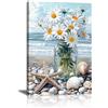 FajerminArt Spiaggia Bianco Fiori nel Vaso Quadri Moderni Con Cornice, Elegante Blu Costa Paesaggio Stampe da Parete Natura Floreale Quadro Stampa Su Tela Decorazioni per Bagno Soggiorno Camera da Letto 40x60cm